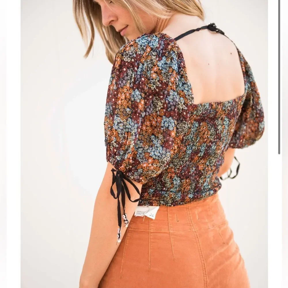 NWT Free People Back on Top Floral Square Neck Puff Sleeve Earthy Cropped S